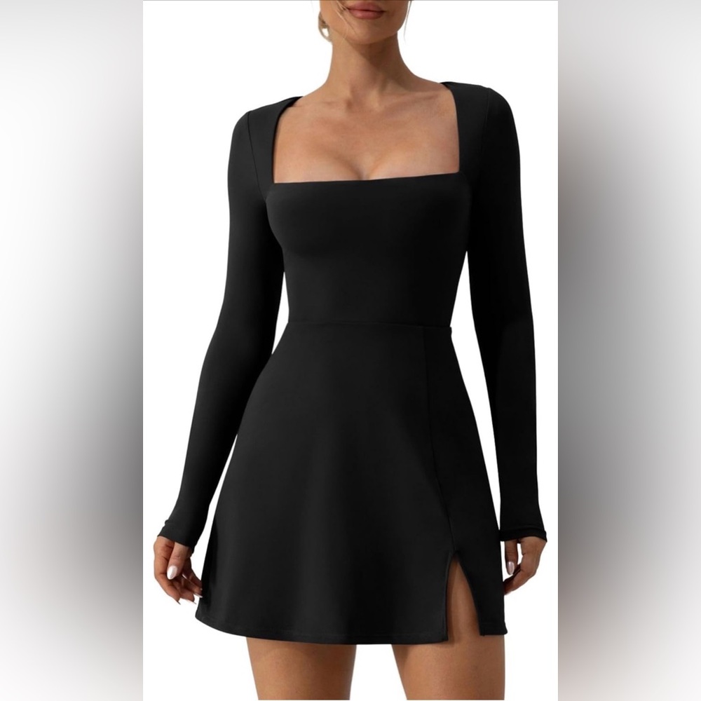 A163 QINSEN Square Neck Bodice Long Sleeve Side Slit Flare Mini Black Dress Sz